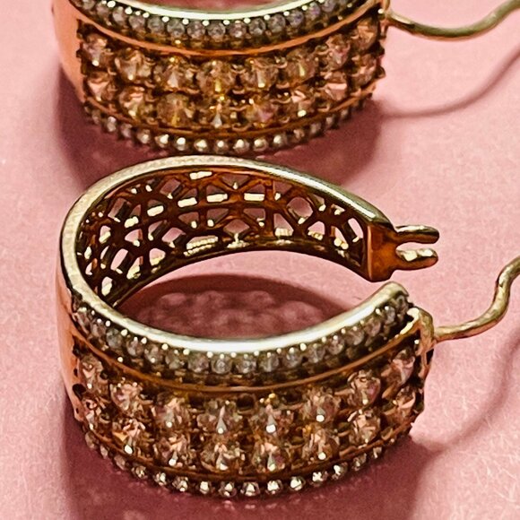 Rose Gold Tone Wide Hoop Earrings with Crystal Pave Detailing - Picture 3 of 6